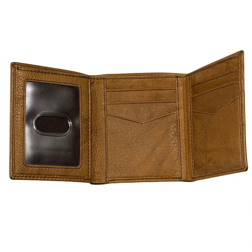 Fossil Mens Trifold Wallet Brown Cowhide Leather ID Window Card Slots Cognac
